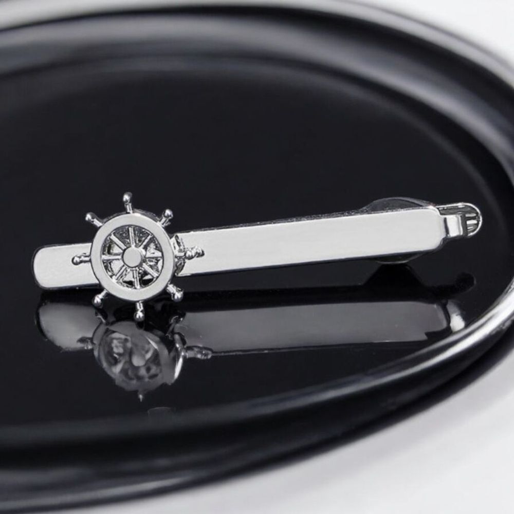 Silver Nautical Tie Bar Clip Ship Helm Wheel Tuxedo Formal Office Wedding Gift